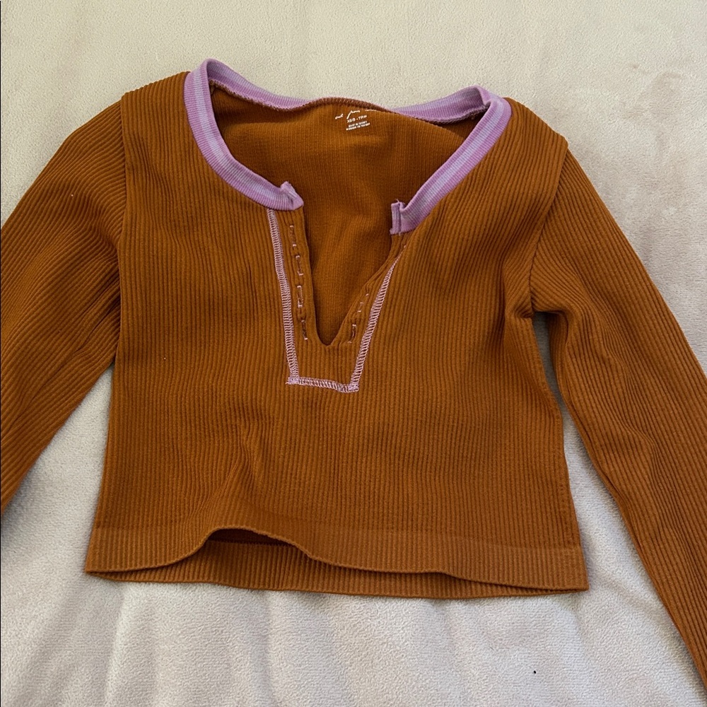 Urban Outfitters Brown Ribbed Top with Purple Trim
